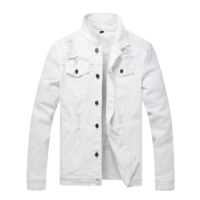 Chaqueta de mezclilla de algodón orgánico para hombre, estilo moderno, lavada, rasgada, estilo motociclista, corte ajustado, transpirable, con bolsillos 3D, color claro, vintage