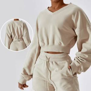 Ropa de calle Mujer Cuello en V Fleece Oversized Tops Mujer Pullover Venta al por mayor Sudaderas recortadas/suéter para mujer - Product Image 6