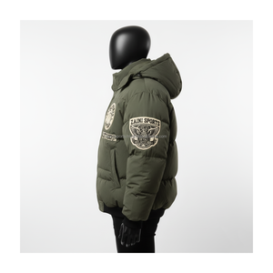 Veste bouffante en nylon résistant à l'eau de haute qualité 300 GSM vert olive avec broderie en chenille Logo personnalisé veste bouffante pour homme - Product Image 5