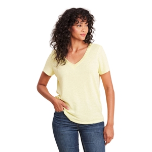 Camiseta de Mujer con Cuello en V, Color Amarillo Claro, Estampada, Resistente, Manga Corta, Algodón, Suministro al por Mayor, Uso Diario, Fácil Cuidado - Product Image 3