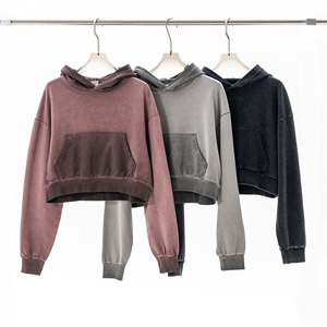 2025 nueva llegada mujeres sudaderas con capucha recortadas 380G Terry 100% algodón con capucha desgastado contraste Color Fitness ropa deportiva sudaderas con capucha sueltas - Product Image 1