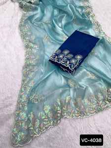 คอลเลกชันผ้าสารีสุดพิเศษใหม่สําหรับงานปาร์ตี้และงานเทศกาล สวมผ้าไหมสารี งานปักหนัก ๆ พร้อมเสื้อส่าหรี - Product Image 3