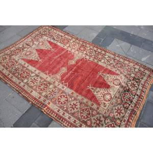 Alfombra turca Vintage 4,2X6,7 pies Rojo Beige Lana Kilim Gran diseño de pasillo rectangular abstracto Látex de 10mm Para áreas grandes - Product Image 4
