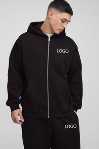 Vente en gros sur mesure fabricant 100% coton 450GSM épais noir surdimensionné fermeture éclair survêtement unisexe vente à chaud sweats à capuche et pantalon ensemble - Product Image 2