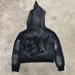 Sweat à capuche personnalisé Pull Over Distress brodé Patch Sharp Hoodie Rhinestone couleur délavée à l'acide Full Rhinestones Hoodie - Product Image 3