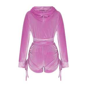 Ensemble de survêtement deux pièces en velours pour femme, haut zippé et short, coupe ajustée et tendance, collection 2026 - Product Image 6