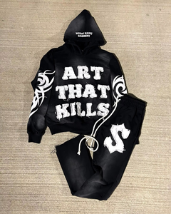 Unisex Custom Winter Digital Printing Acid Wash Tracksuit 100% Cotton Hoodie <b>Sweatpants</b> <b>Set</b> with Patch Embroidery - Product Image 1