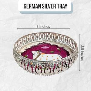 Plateau de service en métal artisanal en argent allemand, motif vache Pichwai |   Personnalisable pour les mariages, les pooja, les fruits secs, la décoration de la maison, les cadeaux - Product Image 3