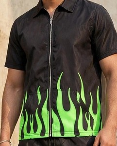 DRIFTWEAR Men's Neon Green <b>Flame</b> Print Relaxed Fit Short Sleeve <b>Shirt</b> Shorts Set Streetwear Summer Outfit Quick Dry Elastic - Product Image 4