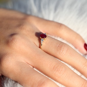 8x6mm Oval Cut Red CZ Engagement Ring | Three <b>Stone</b> Ring Women | Gold Band Bridal Wedding Promise Ring Anniversary Jewelry - Product Image 3