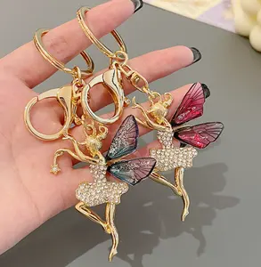 HOT Butterfly Wing Fairy angel Keychain Rhinestone Diamond Dancing Ballet girl fairy Metal Keychain Key Ring for Women handbag C