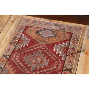 2.2x11 ft Rug, Vintage Turkish Rug, <b>Red</b> Brown Camouflage <b>Wool</b> Rug - Product Image 5