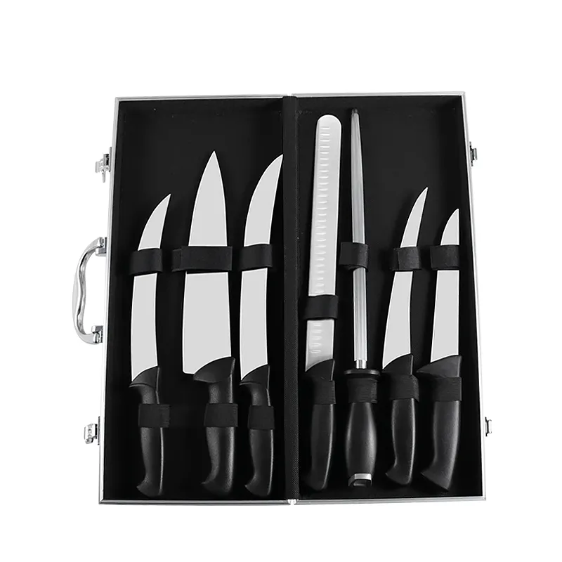 Pro 8pcs Natural competition BBQ set with black durable plastic handle and alu knife case semi-stiff knife