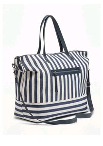 Sac fourre-tout de week-end à rayures marine avec un design à rayures verticales et horizontales en bleu marine et crème, fabriqué en toile durable - Product Image 2