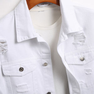 Veste en jean blanche délavée pour homme, coupe slim, déchirée, décontractée, streetwear hip-hop, vêtement d'extérieur, haut de mode - Product Image 3