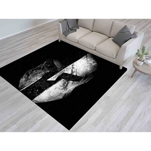 Tapis imprimé Molon Labe avec motif de casque spartiate - Tapis noir moderne, avec poils doux - Product Image 3
