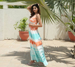 Nouveau été Boho femmes porter longue rayonne cravate teinture robe dos nu avec concepteur main travail fête porter robe - Product Image 4