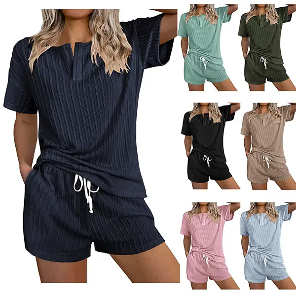 Groothandel Loungewear Vrouwen Pyjama 2 Delige Pyjama Shorts Sets Geribbelde Gebreide Pyjama Set