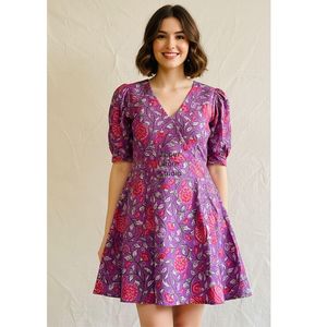 V-Neck Floral <b>Print</b> A-Line Dress With Puff Sleeves <b>Mini</b> Casual Summer Dress For Women - Product Image 1