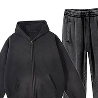 Ensemble de survêtement vintage noir et gris délavé à l'acide pour homme – Veste polaire zippée et pantalon de jogging – Style streetwear hiver 100 % coton
