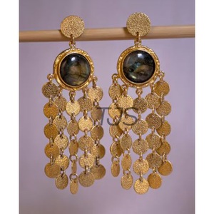 Boucles d'oreilles pendantes en laiton plaqué or 18 carats de haute qualité, serties de labradorite, faites à la main, accessoires de mode chrétiens pour mariage - Product Image 1