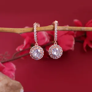 <b>Rose</b> Gold Plated Halo Drop Earrings with Crystal Rhinestones for Women Romantic Wedding Jewelry - Product Image 2