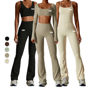 Conjunto Deportivo de 2 Piezas para Mujer, Top Corto de Manga Larga con Cuello Cuadrado, Leggings de Cintura Alta, Color Sólido, Tejido de Punto, Spandex, Nailon, Sin Costuras, para Yoga - Product Image 3