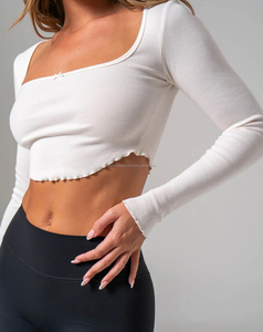 Women's Full Sleeve Crop Tank <b>Tops</b> Streetwear Jersey with Raw Hem 100% Cotton Fabric Breathable Square Neck Solid Color <b>Low</b> MOQ - Product Image 4