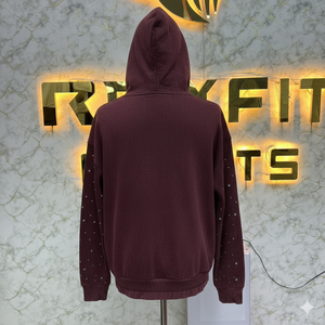 Sweat à capuche zippé pour homme en molleton, design unique, couleur crème, effet vieilli, avec strass et délavage acide, style streetwear - Product Image 5
