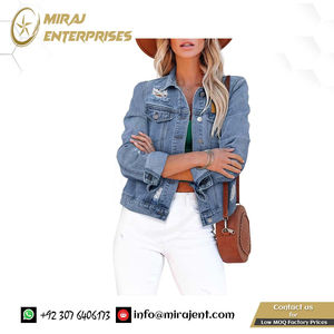 Veste en jean en détresse pour femmes broderie respirant Varsity Design effiloché déchiré Jean Look bouton décontracté léger coton Viscose - Product Image 4