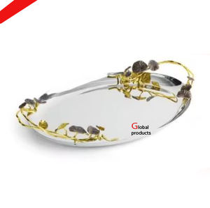 ถาดเสิร์ฟทรงรีสำหรับโรงแรมพร้อมด้ามจับลายใบไม้สีทองดีไซน์สวย2025 - Product Image 1