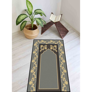 Tapis de prière gris à motifs floraux : tapis de culte islamique, tapis imprimé, tapis à poils doux - Product Image 1