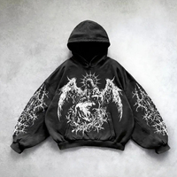 Hoodie Baggy Mewah Ukuran Besar untuk Pria 2025, Desain Bordir Hitam, Efek Acid Wash, Distressed, Bahan Fleece Katun 100% Tebal