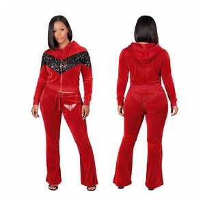 OEM <b>Women</b> Rhinestone Red <b>Velour</b> Jogger <b>Tracksuit</b> Set Zip Up Hooded Jacket and Flared Pants - Product Image 1