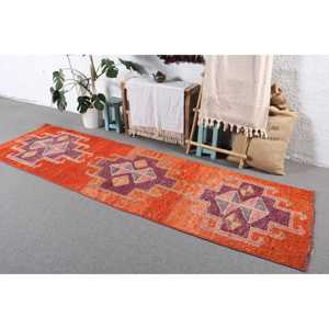 Alfombra Vintage Estilo Runner de 2.9x10.1 pies, Alfombra de Lana con Puntos Naranja y Morado - Product Image 2