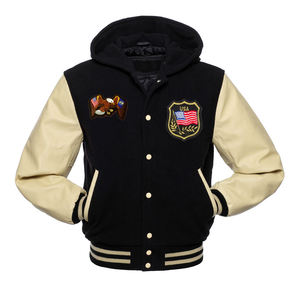 Nouveau style tendance, veste varsity pour homme en 100% laine, surdimensionnée, respirante, antibactérienne, coupe-vent, col montant, à capuche, pour l'hiver - Product Image 1