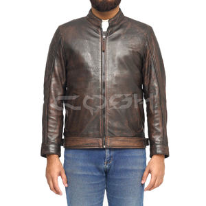 เสื้อแจ็คเก็ตหนังแท้สีน้ำตาลโบราณทรงสลิมฟิตสำหรับผู้ชาย COSH |   ซิป YKK แบบทำมือสไตล์วินเทจสำหรับรถคาเฟ่เรเซอร์ - Product Image 5