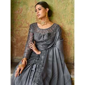 Robe de soirée en satin gris brodé étonnante, tenue de soirée, sari avec chemisier - Product Image 5