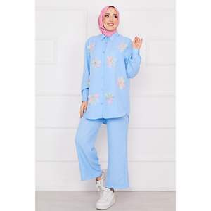 Ensemble de 2 pièces en lin brodé de fleurs Bleu - Product Image 1