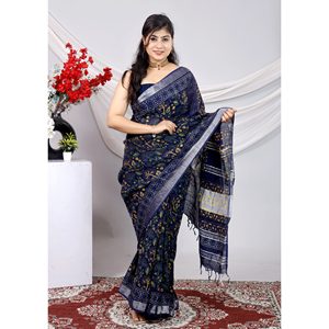 ผ้าซารีผ้าลินินผสมฝ้ายพิมพ์ลายด้วยมือ คอเสื้อแบบไร้สาย ระบายอากาศได้ดี ด้วยเทคนิคการพิมพ์ลายด้วยมือ - Product Image 1