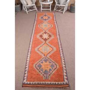 Tapis turc, tapis de couloir 3x11,8 pieds, tapis vintage en laine à rayures orange - Product Image 1