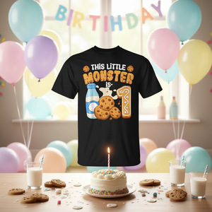 เสื้อยืดวันเกิดครบรอบ 1 ปีสำหรับเด็กชายและเด็กหญิง ลายมอนสเตอร์นมและคุกกี้ เสื้อผ้าโปรโมชั่นสนุกสนานและรื่นเริง - Product Image 3