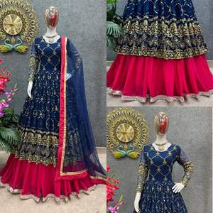 Présentant une fausse georgette avec une séquence de broderie lourde avec une bordure en dentelle lourde Lehenga robe longue jupe Dupatta - Product Image 4