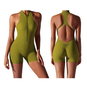 Logo personnalisé pour femmes Gym Fitness une pièce Yoga body demi fermeture éclair vêtements de sport dame dos ouvert grande taille combinaison barboteuses - Product Image 3