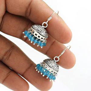 Precio al por mayor de alta calidad, Plata de Ley 925, Topacio Azul Natural, piedras preciosas, aspecto artesanal, pendiente de lujo, joyería Jhumka hecha a mano - Product Image 2