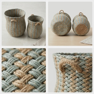 Natural Seagrass Recycled <b>Plastic</b> Storage <b>Basket</b> Set Blue Grey Herringbone Belly Pot Planter Handle Pure Art Room Decor Design - Product Image 2