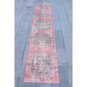Vintage Rug, <b>Runner</b> 2x9.3 ft Turkish Rug, <b>Red</b> Persian Wool Rug - Product Image 1