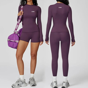 Ensemble de yoga 2 pièces pour femmes, couleur unie violet, manches longues, col rond, taille haute, leggings sans couture pleine longueur, vêtements de sport - Product Image 5