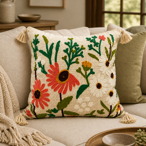 Cojín Decorativo Bordado a Mano con Flores de Algodón, Cojín Boho con Borlas para Decoración del Hogar - Product Image 5