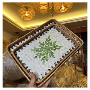 Mother of Pearl Rattan Tray Rattan frame with pearl inlay for <b>serving</b> <b>set</b> centerpiece and seasonal décor Vietnam - Product Image 1